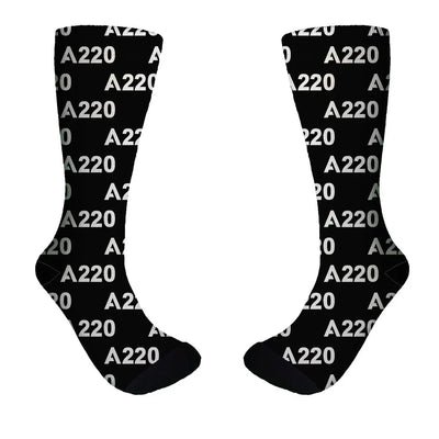 Airbus A220 Flat Text aviation design on soft cotton blend socks.