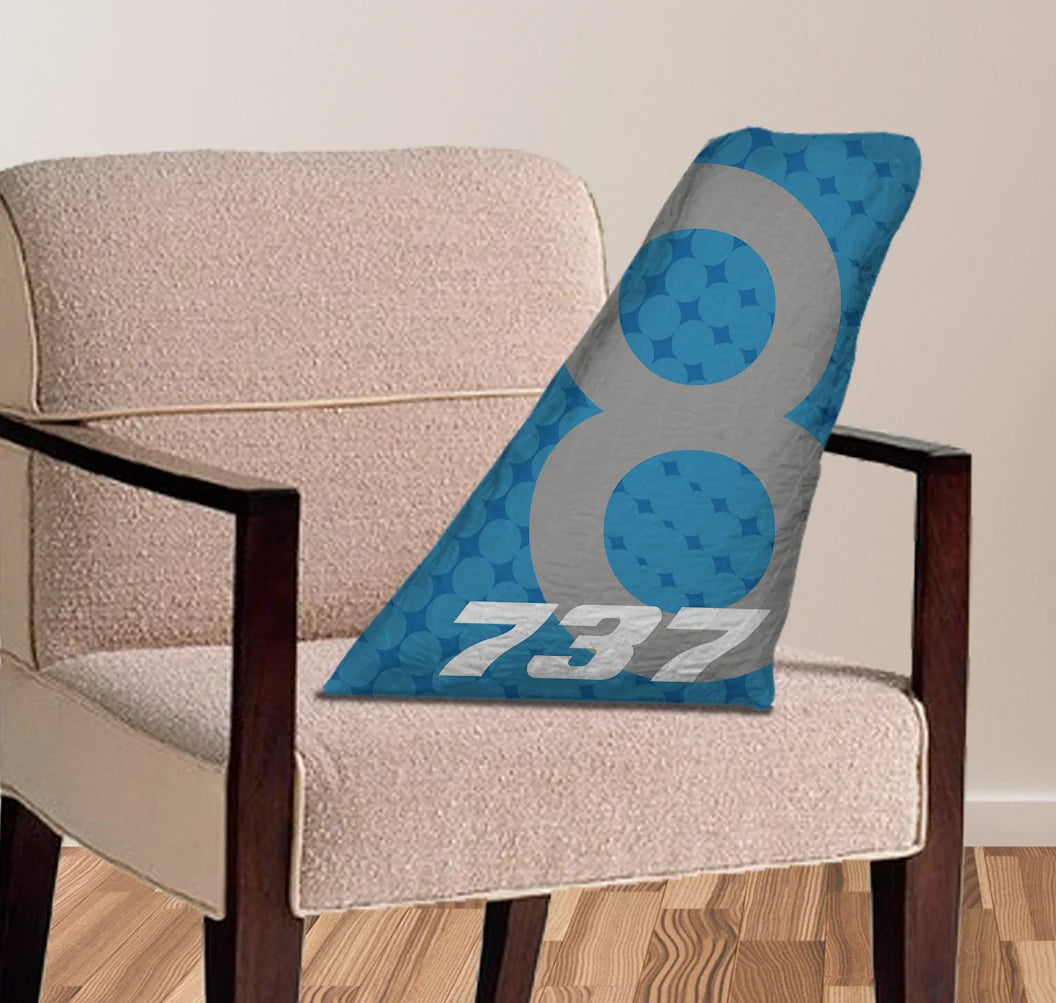 Boeing 737-8 aviation design on soft polyester filling aircraft tail pillow.