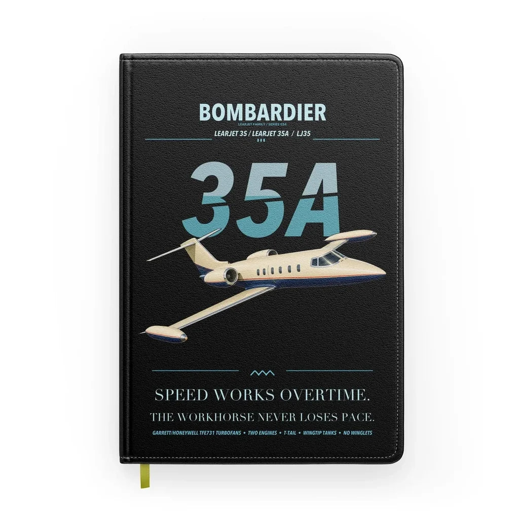 Bombardier Learjet 35A design on black notebook