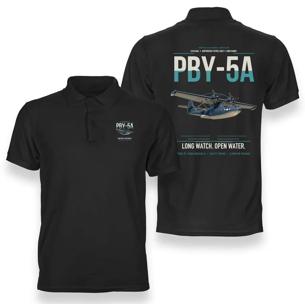 PBY-5A Catalina design on black double-side polo t-shirt, double-side print