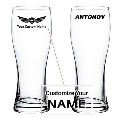 Antonov & Text aviation design on pilsner glass, tall pilsner glassware.