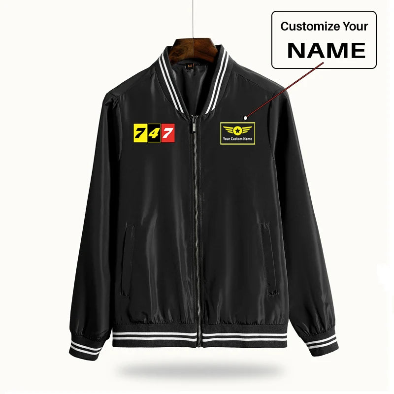 Flat Colourful 747 aviation design printed on lightweight shell with windproof finish thin spring jacket.