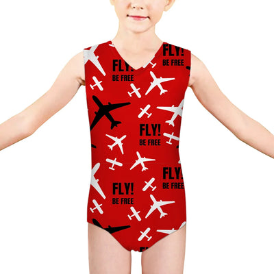 Fly Be Free Red aviation print on kids quick-dry fabric swimsuit.