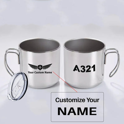 Airbus A321 Flat Text aviation design on portable mug, vacuum-insulated double-wall.