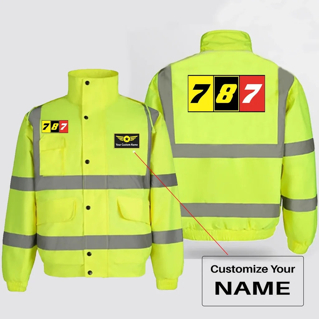 Flat Colourful 787 aviation design printed on insulated shell with high-visibility reflective panels reflective winter jacket.