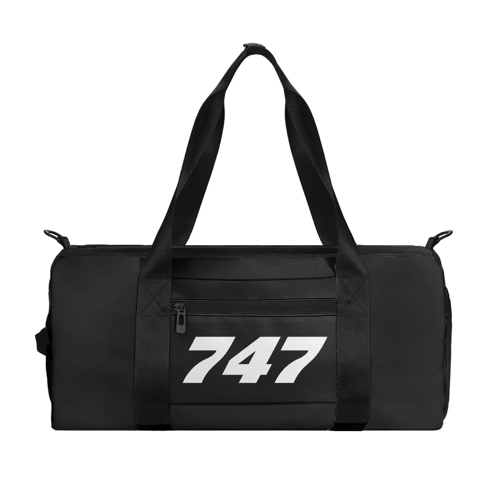 Boeing 747 Flat Text aviation design sports bag, durable nylon construction.