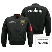Thumbnail for Vueling Airlines aviation design with custom name embroidered on black bomber jacket