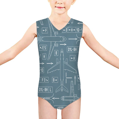 Jet Planes & Airport aviation print on kids quick-dry fabric swimsuit.