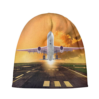 Amazing Departing Aircraft Sunset & Clouds Behind aviation embroidery on soft knit fabric 3D knit beanie.