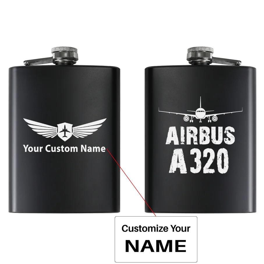 Airbus A320 & Plane aviation design on stainless hip flask, compact pocket-size flask.