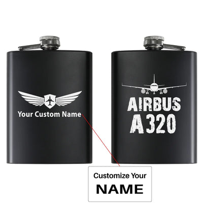 Airbus A320 & Plane aviation design on stainless hip flask, compact pocket-size flask.