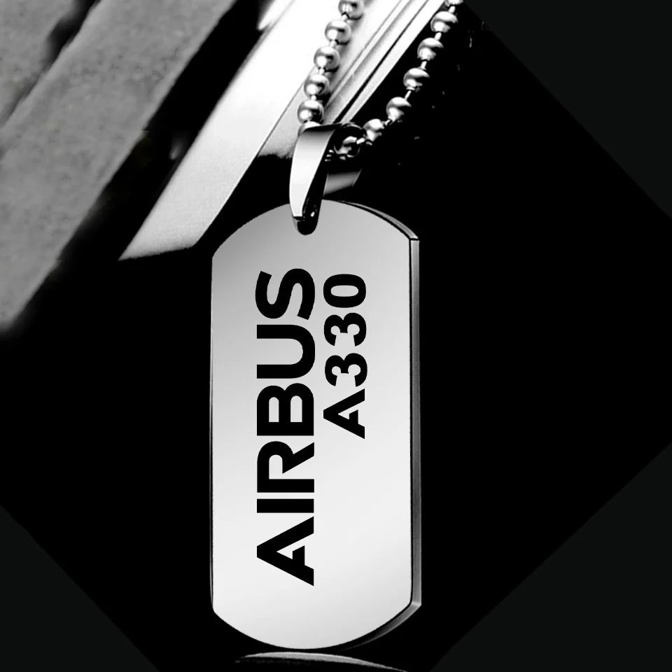 Side view of Airbus A330 & Text aviation necklace in polished metal, polished finish.