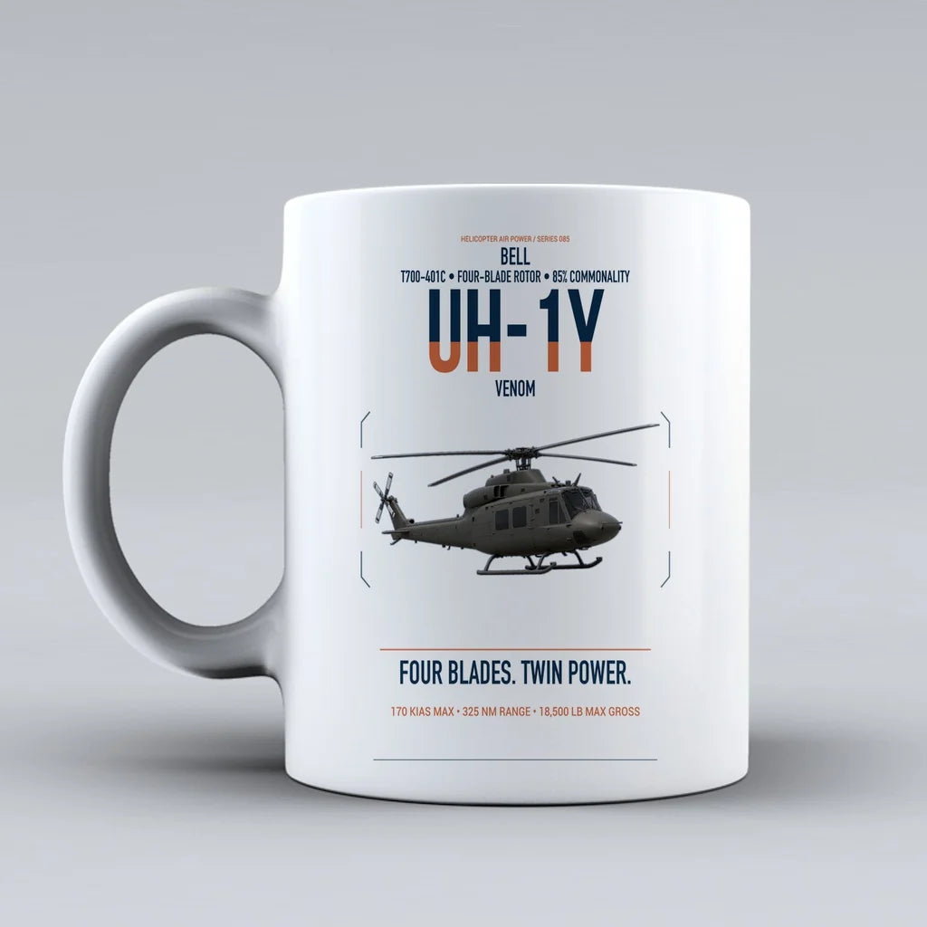 Bell UH-1Y Venom design on white ceramic mug, double-side print