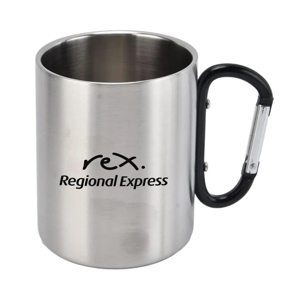 Rex Airlines aviation design on outdoor mug, durable insulated construction.