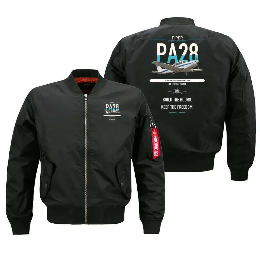 Piper PA-28 Cherokee design on black bomber jacket, double-side print