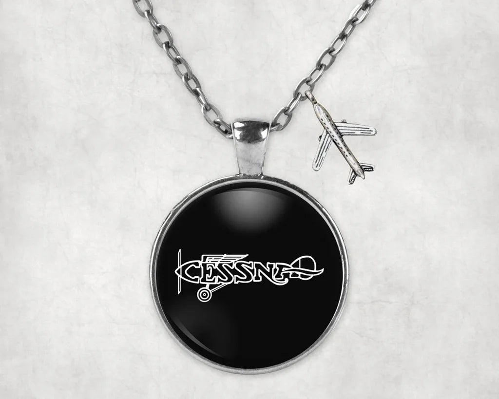 Side view of Special Cessna Text aviation necklace in stainless steel, polished finish.