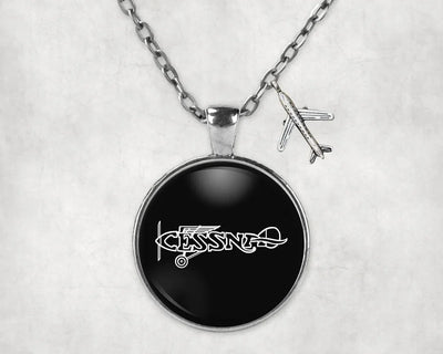 Side view of Special Cessna Text aviation necklace in stainless steel, polished finish.