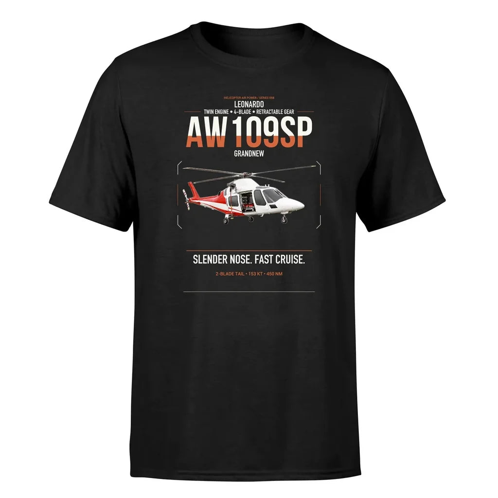 Leonardo AW109SP GrandNew design on black t-shirt, single-side print