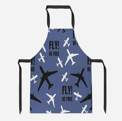 Fly Be Free Blue aviation design on durable cotton blend kitchen apron.