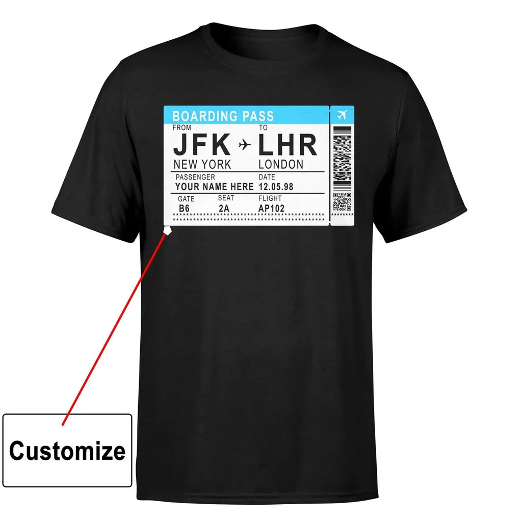 Customizable BOARDING PASS TICKET aviation design printed on soft cotton image-print T-shirt.