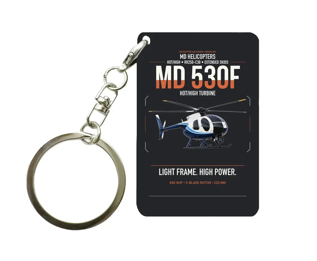 MD Helicopters MD 530F design on black designed key chain, double-side print
