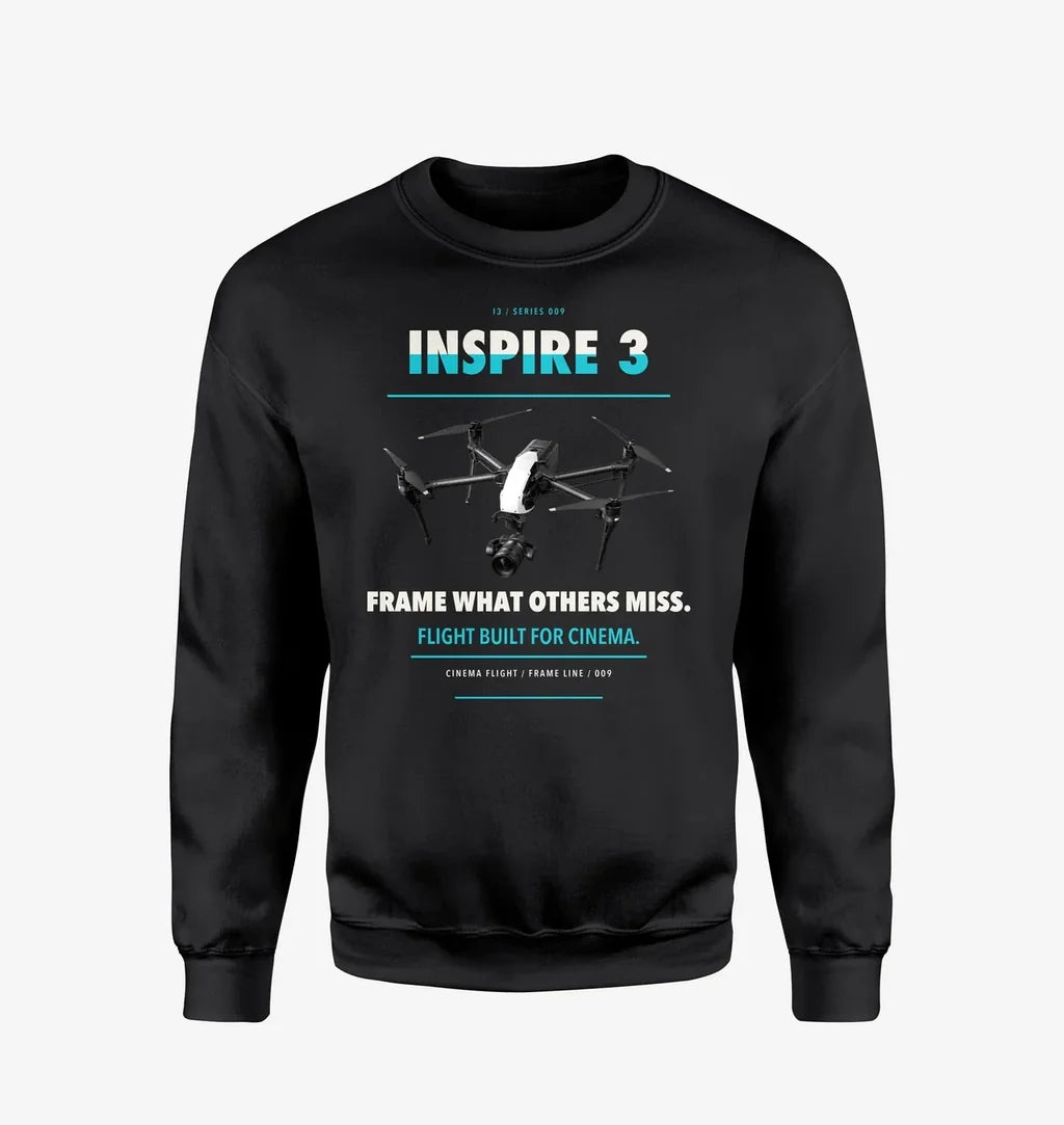 DJI Inspire 3 design on black sweatshirt