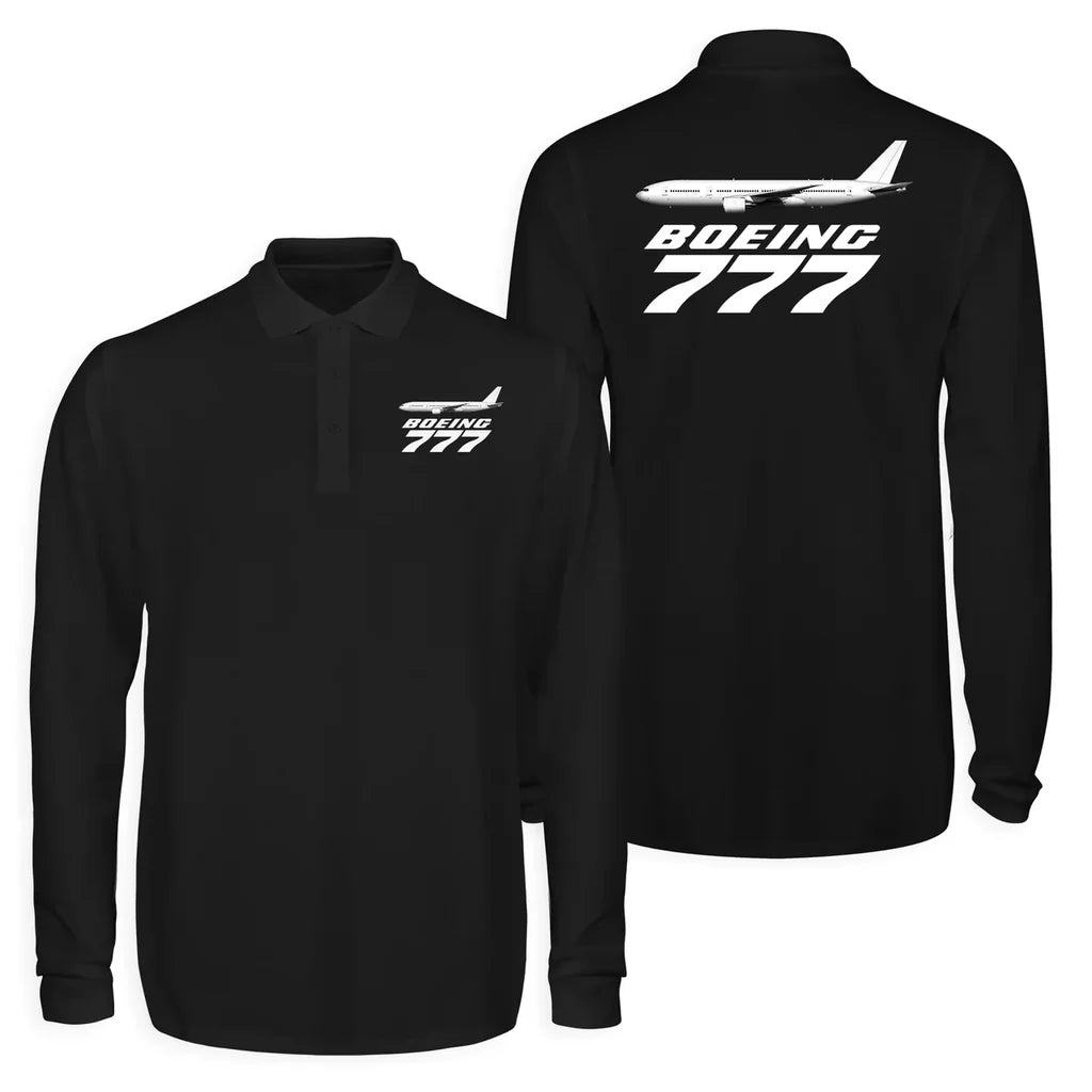 The Boeing 777 Long Sleeve Polo T-Shirts (Double-Side) aviation design printed on soft cotton long-sleeve double-side polo.