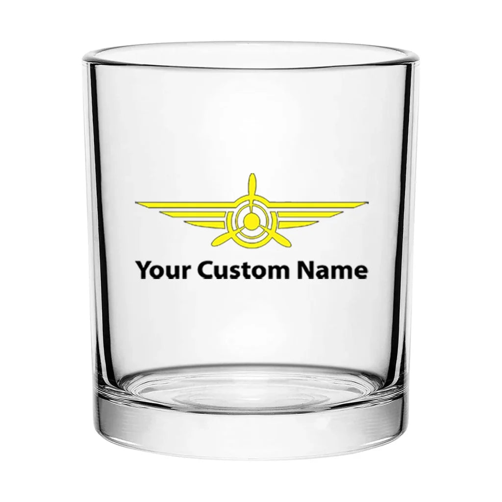Custom Name "Badge 3" aviation design on whiskey glass, special-edition crystal cut.