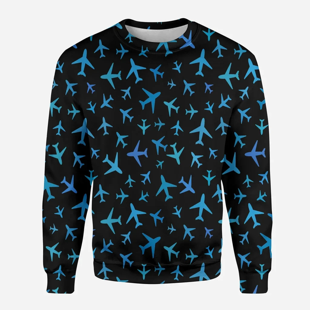 Many Airplanes Black aviation design printed on soft cotton blend 3D sweatshirt.