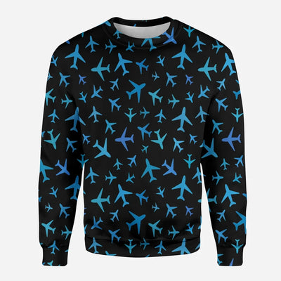 Many Airplanes Black aviation design printed on soft cotton blend 3D sweatshirt.