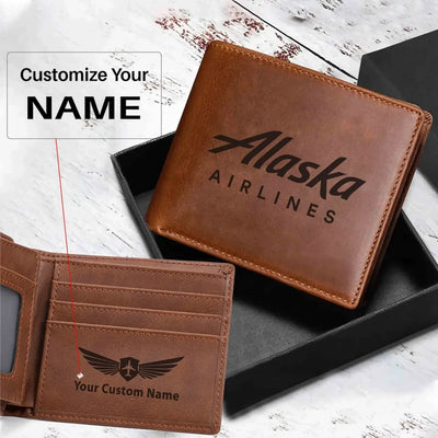Alaska Airlines aviation design laser-engraved leather wallet, leather construction.