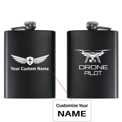 Drone aviation design on stainless hip flask, compact pocket-size flask.