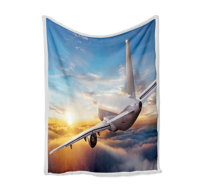 Airliner Jet Cruising over Clouds Bed Blankets & aviation print on soft fleece blanket.