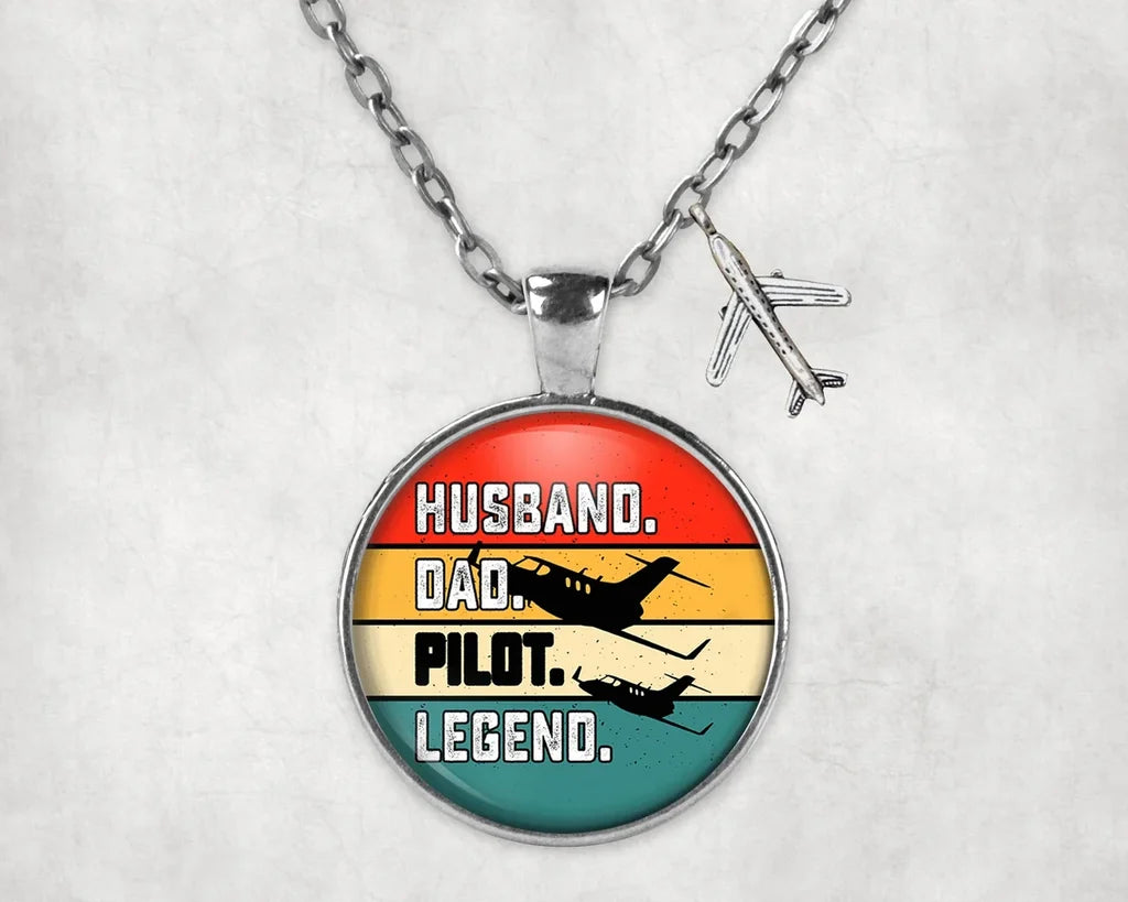 Husband & Dad & Pilot & Legend aviation-themed necklace, polished stainless steel.