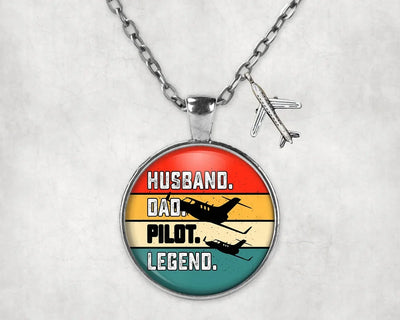Husband & Dad & Pilot & Legend aviation-themed necklace, polished stainless steel.