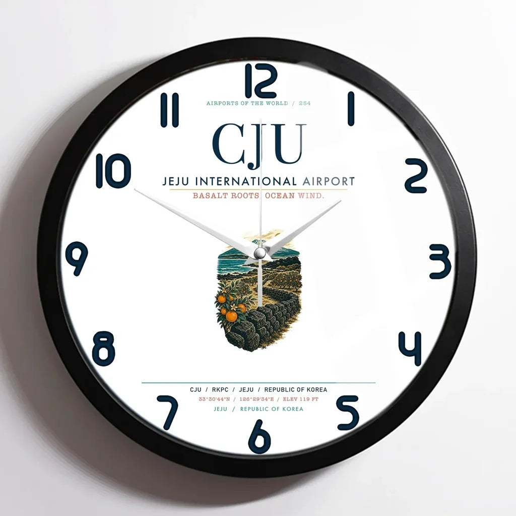 Jeju International Airport (CJU) design on white framed wall clock