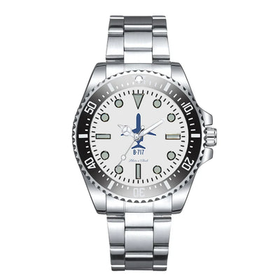 Side view of Boeing 717 Luxury Aviators aviation aviator watch in premium stainless steel, polished finish.