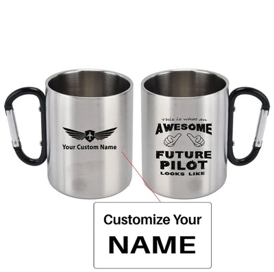 Future aviation design on outdoor mug, durable insulated construction.