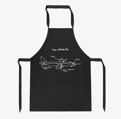 How Planes Fly aviation design on durable cotton blend kitchen apron.