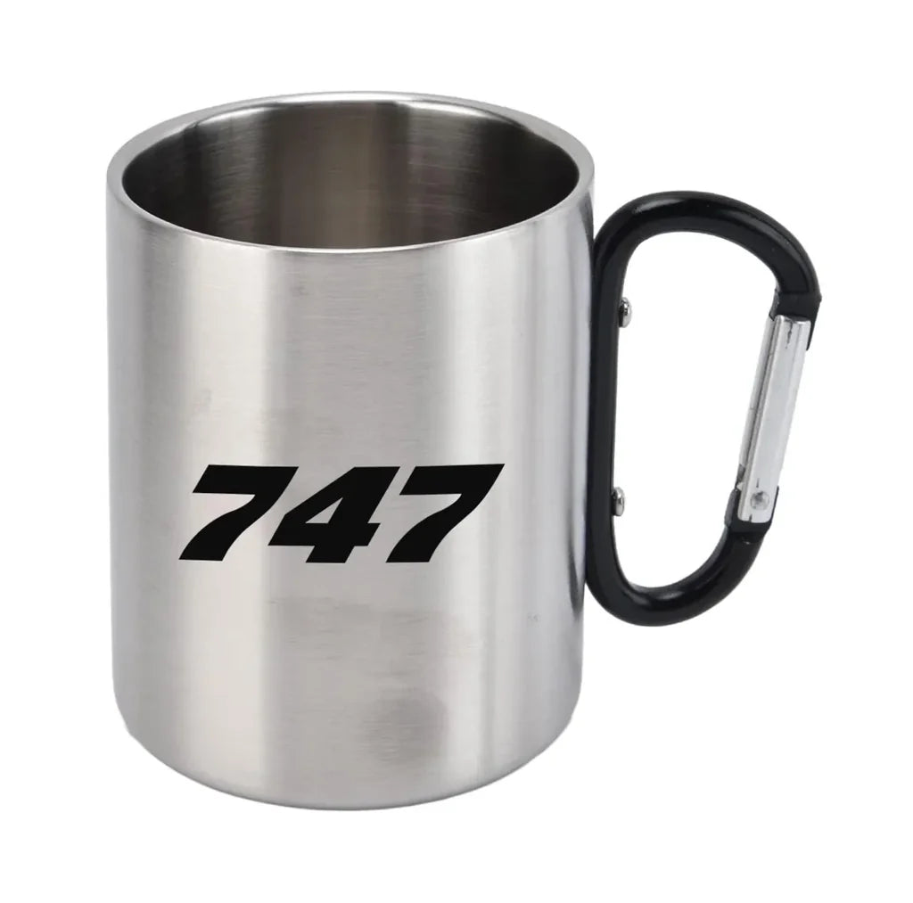 Boeing 747 Flat Text aviation design on outdoor mug, durable insulated construction.