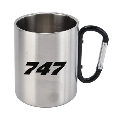 Boeing 747 Flat Text aviation design on outdoor mug, durable insulated construction.