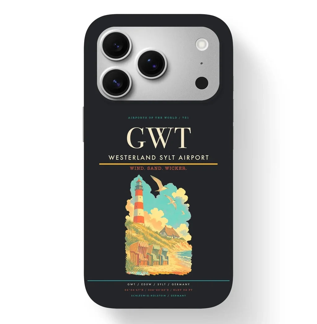 Westerland Airport (GWT) design on black iPhone 17 Pro MagSafe case