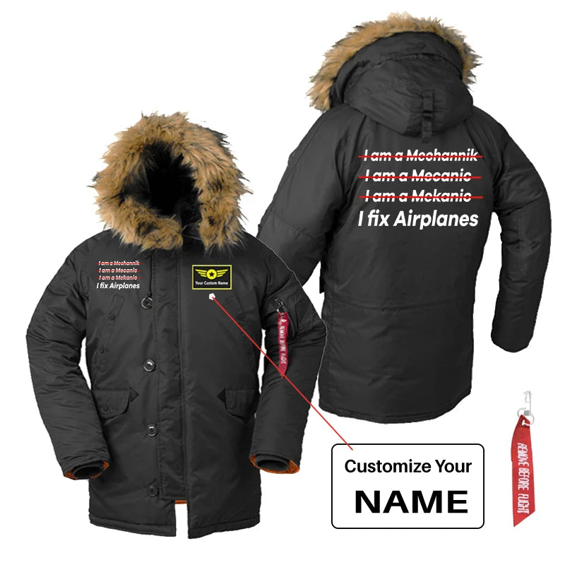 I Fix Airplanes aviation design printed on heavyweight shell with hooded warmth parka bomber.