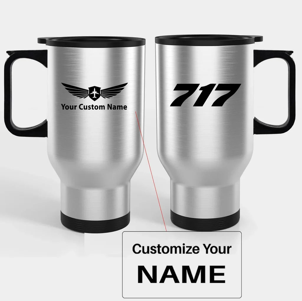 Boeing 717 Flat Text Travel Mugs (With Holder) aviation design on travel mug with holder, insulated double-wall with car-cup.