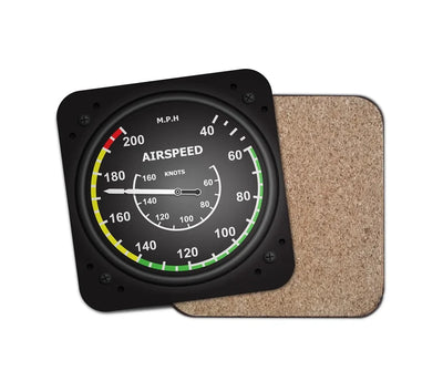 Airplane Instruments-Airspeed aviation design on cork-backed wood with print coaster.