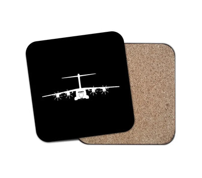 Airbus A400M Silhouette aviation design on cork-backed wood with print coaster.