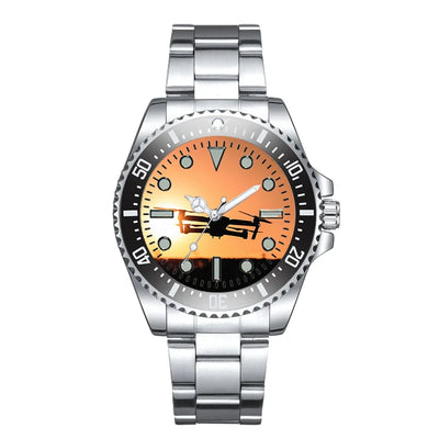 Amazing Drone in Sunset Luxury Aviators aviation aviator watch, premium stainless steel body with engraved detail.