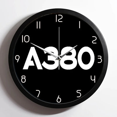 Airbus A380 Flat Text aviation design on premium wood and metal wall clock.
