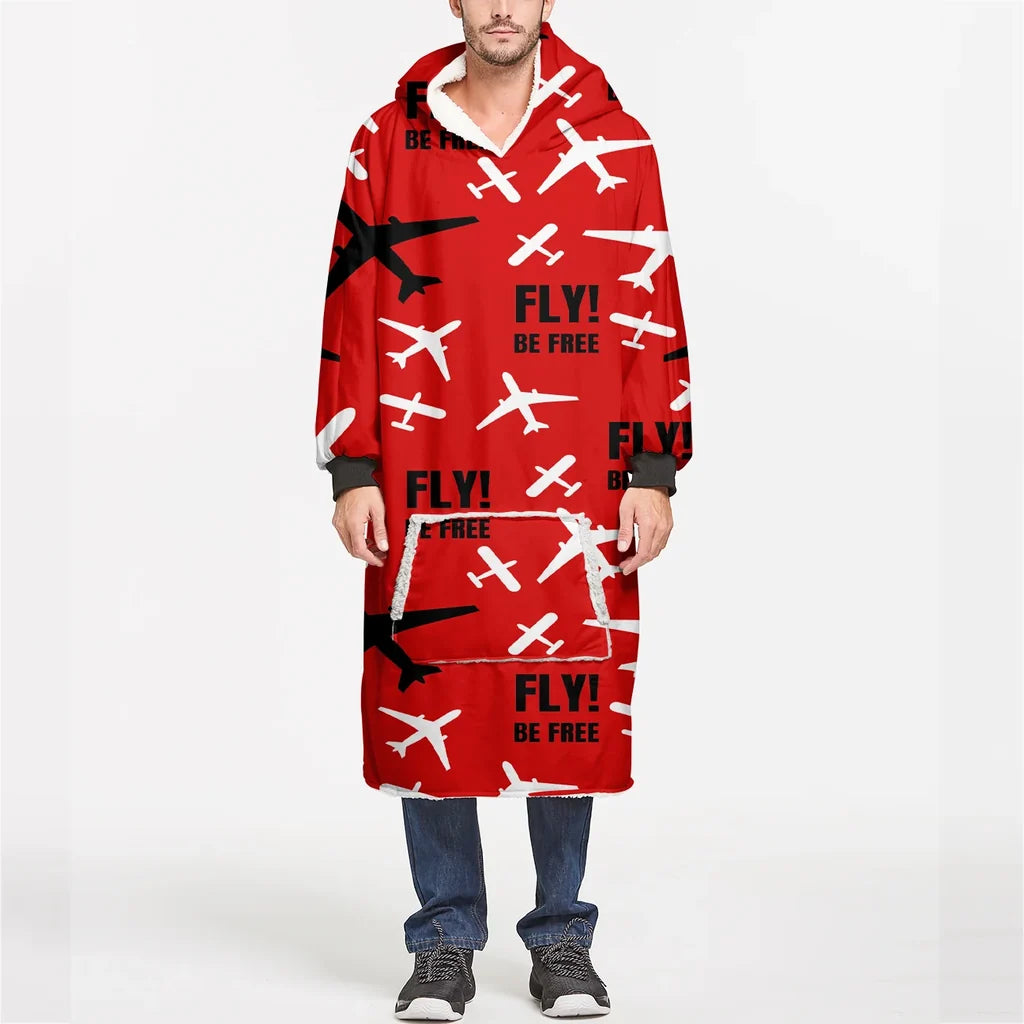 Fly Be Free Red aviation design on soft fleece blanket hoodie.