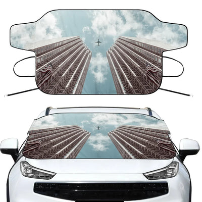 Airplane Flying over Big Buildings Car aviation design on car windshield cover.
